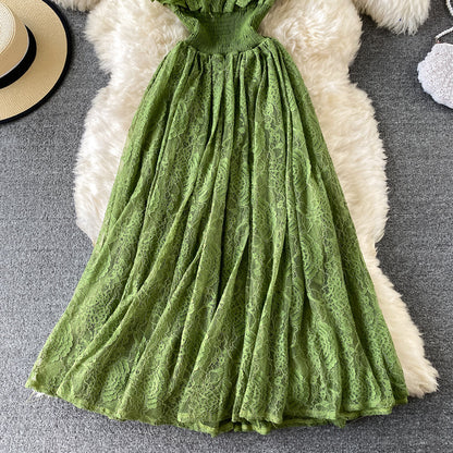 Sixsr Vintage Purple/Green/Red Lace Midi Dress Women Sweet Round Neck Ruffle Vestidos Female High Waist Slim Robe Spring Autumn