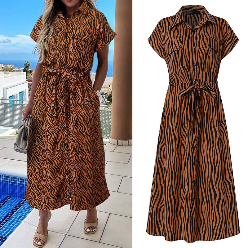 Sixsr Summer Sundress Women Elegant Dress Plus Size Short Sleeve Casual Loose Buttons High Waist Work Midi Vestidos Robe