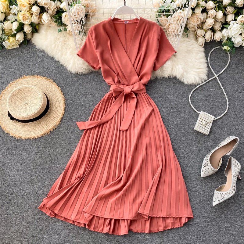 SINGRAIN High Quality Solid Pleated Dress Women V neck Short Sleeves Sashes Long Dresses Summer Streetwear Vintage Vestidos