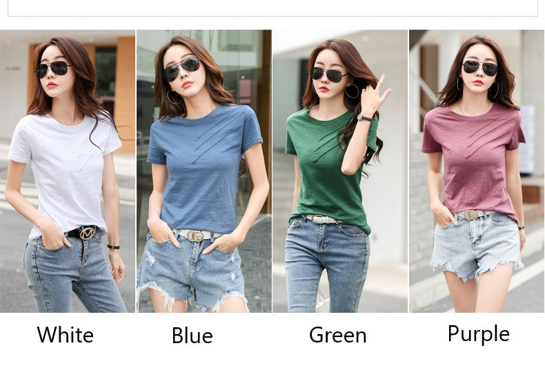 sixsr Short Sleeve Summer Women Ribbed Cotton Tee-Shirts Female Button Loose Casual Fashion T-shirts Blue O-Neck Korea Tops S-3XL