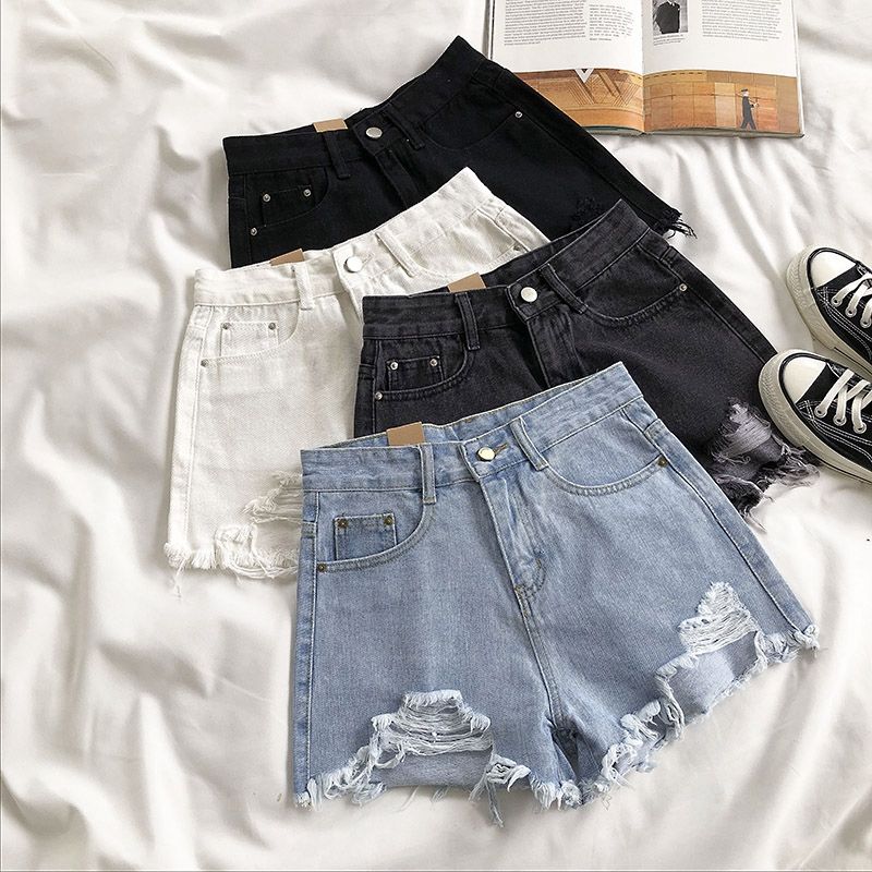 Casual High Waist Denim Shorts Women Summer  Pocket Tassel Hole Ripped jeans Short Female Femme Short Pants Women