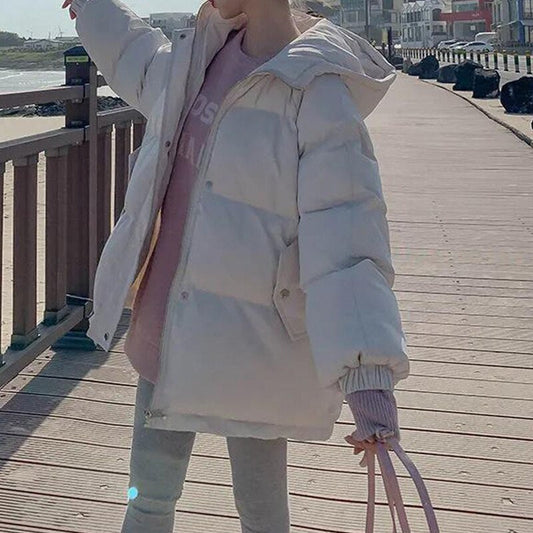 Sixsr winter women's hooded zipper loose down jacket women's solid color regular thick padded jacket new