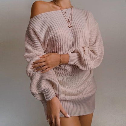 Sixsr The hottest ladies casual off-shoulder lantern sleeve knitted sweater dress