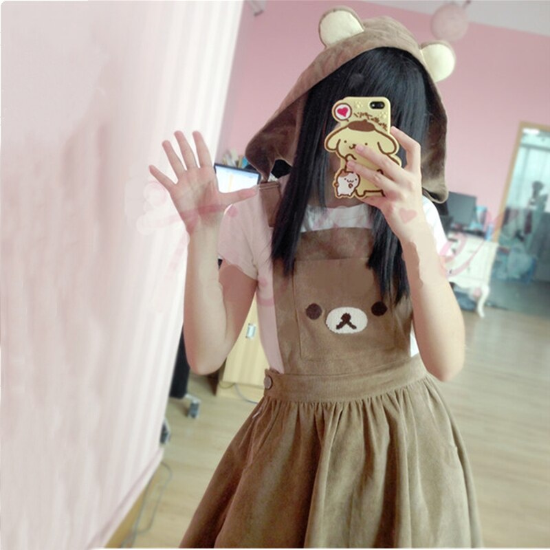 Sixsr Japanese Kawaii Rilakkuma Lolita Overall Dress Cute Bear Embroidery Hat Ball Gown Harajuku Lolita Dress Harajuku Cute Warm Dress