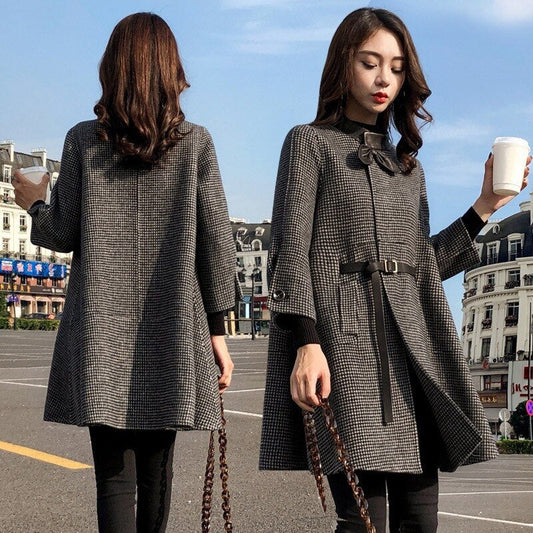 Sixsr Office Lady Woolen Jacket Women's Middle Long Korean Autumn Winter New Loose Cape Small Thousand Bird Lattice Woolen Coats