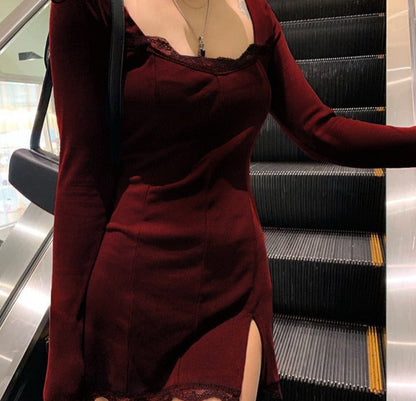 Sixsr Square Neck Lace Patchwork Bodycon Black Dress Women Elegant Cotton Fashion Side Split Autumn Dress Mini Ladies Basic