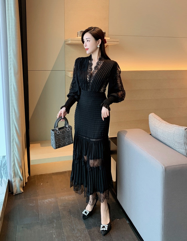 Sixsr High Quality Self Portrait Dress  Women Sexy V-neck Lantern Sleeve Long Sleeved Cake Long Dresses Chic Lace Summer Dress