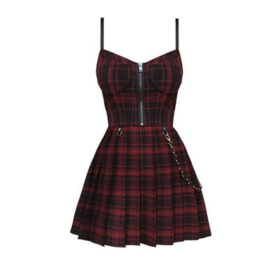 Sixsr Ruibbit Spring Autumn Preppy style Gothic Girls Sexy Sling Dress Red Balck Pleated Plaid  Women Sleeveless Mini Short Dresses