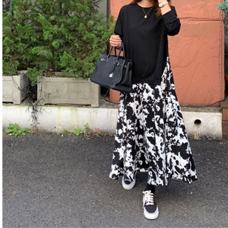 Autumn Women Plus Size XL-5XL Ladies Long Sleeve T-Shirt Dress Patchwork Print Robe Fake Two Piece Dress D08108R