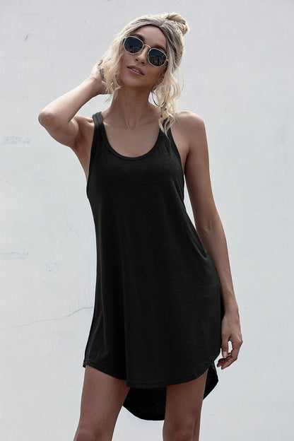 Solid Casual O-neck Sleeveless Tank Dress Women Loose Off Shoulder Asymmetrical Cotton Mini Dress