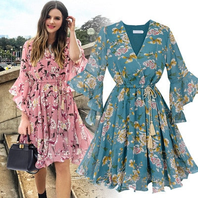 Sixsr Chiffon High Elastic Waist Party Dress Bow A-line Women Butterfly Sleeve Flower Print Floral Boho Dress Female Vestido Plus Size