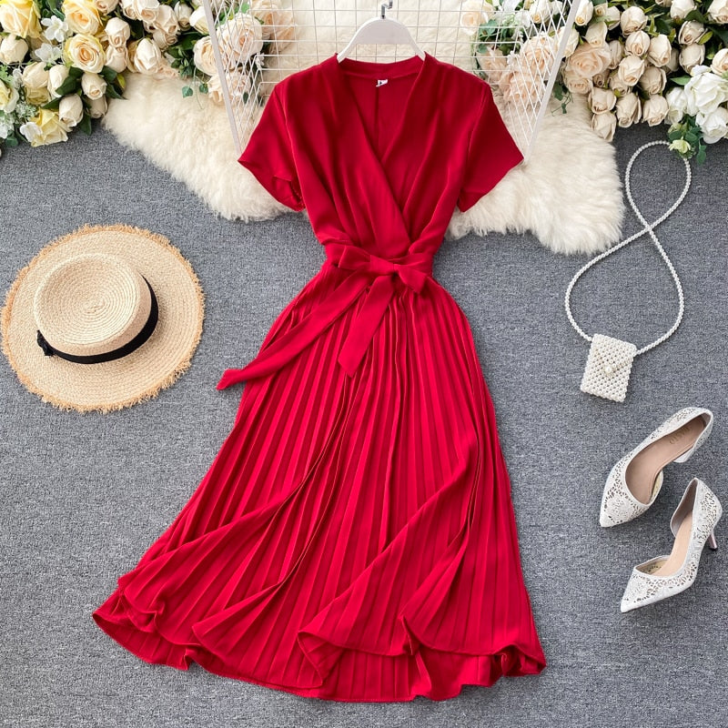 SINGRAIN High Quality Solid Pleated Dress Women V neck Short Sleeves Sashes Long Dresses Summer Streetwear Vintage Vestidos