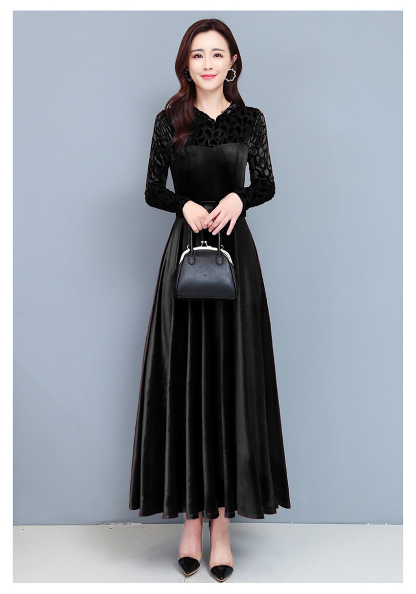 Sixsr High Quality Fashion Vintage Velvet Dress Winter Dresses Women Long Sleeve Evening Party Dress For Middle Age Mom Vestidos