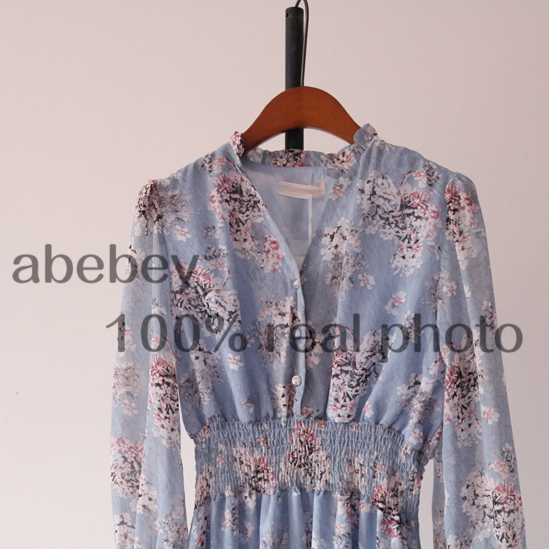 Sixsr Mothers Day Gifts new fashion women's French dress female temperament V-neck long-sleeved chiffon floral dresses