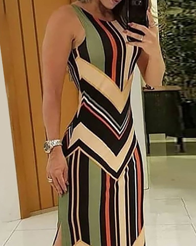 Sixsr Colorful Striped Print Side Slit Maxi Dress Women Colorblock Sleeveless Slim Long Dresses