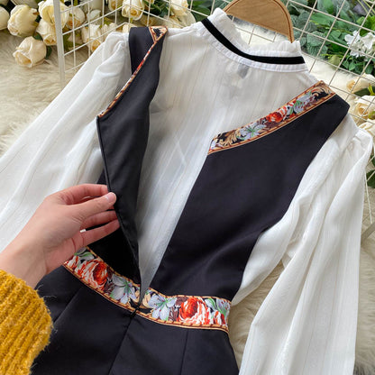 Sixsr Spring Autumn Elegant 2 Piece Set Overalls Dress Women Bow Collar White Shirt Top+ Irregular Flower Print V-Neck Vest Dress