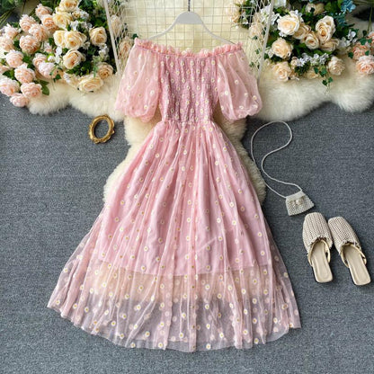 Sixsr Embroidered Off-Shoulder Dresses Fairy Chic Gentle Dress Female New Style Sweet Daisy Printed Mesh Long Floral Dress Female