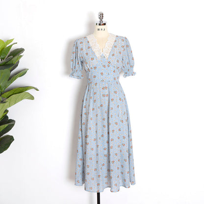 Sixsr Vintage Floral Dress Women Elegant Lace Chiffon Korean Party Dress Puff Sleeve V Neck Midi Dress Fall Dresses for Women