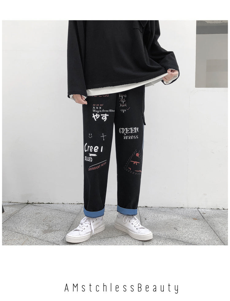 Straight Denim Jeans Men Graphic Printed Jeans 2024 Streetwear  Jeans Man Wildleg Pants Hip Hop Korean Harajuku Fashion Pants