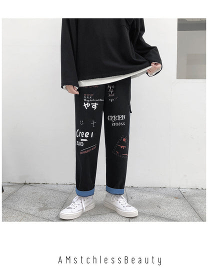 Straight Denim Jeans Men Graphic Printed Jeans 2024 Streetwear  Jeans Man Wildleg Pants Hip Hop Korean Harajuku Fashion Pants
