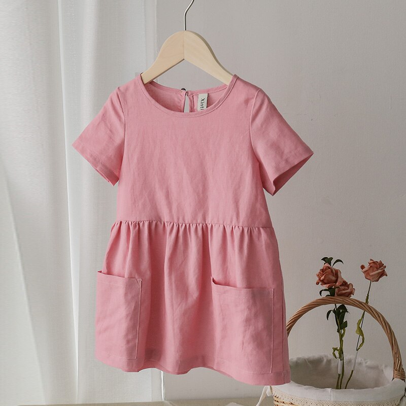 Sixsr Fashion Cotton Linen Summer Girl Dress Yellow Casual Short Sleeve Kids Holiday Dress With Pockets TZ20