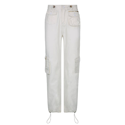Sixsr  Women Spring Fashion Multi Pockets White Cargo Pants Women Adjustable Low Waist Baggy Wide Leg Jeans Oversized Casual Trousers Retro Bottoms Iamhotty