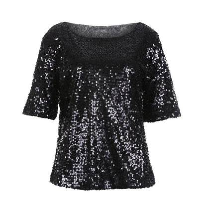 Fashion Women Long Sleeve T-Shirt Spring Autumn Off-Shoulder Loose Shining T Shirt For Women Tops Glistening Sequin T-Shirt