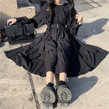 Sixsr Gothic Style Dress Women Harajuku Gothic Lolita Kawaii Dress Punk Cute Long Sleeve Black Midi Dress Emo Mall Goth