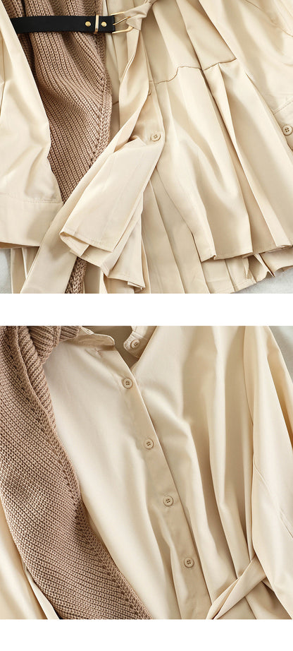 Sixsr New Sweet Suit Women Japan Single Breasted Turn-Down Collar Pleated Dress +Irregular Drawstring Knitted Vest Two Piece Set PL548