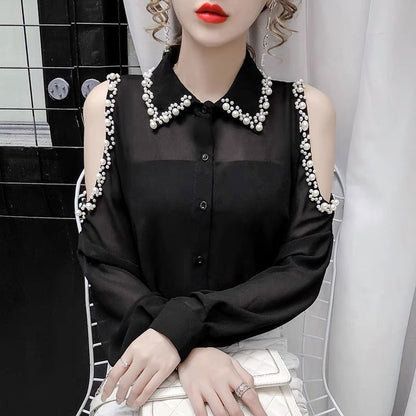 Beading Women's Elegant Blouse Office Outfits Feminine Shirts Off The Shoulder Long Sleeve Top Korean Fashion Designer New