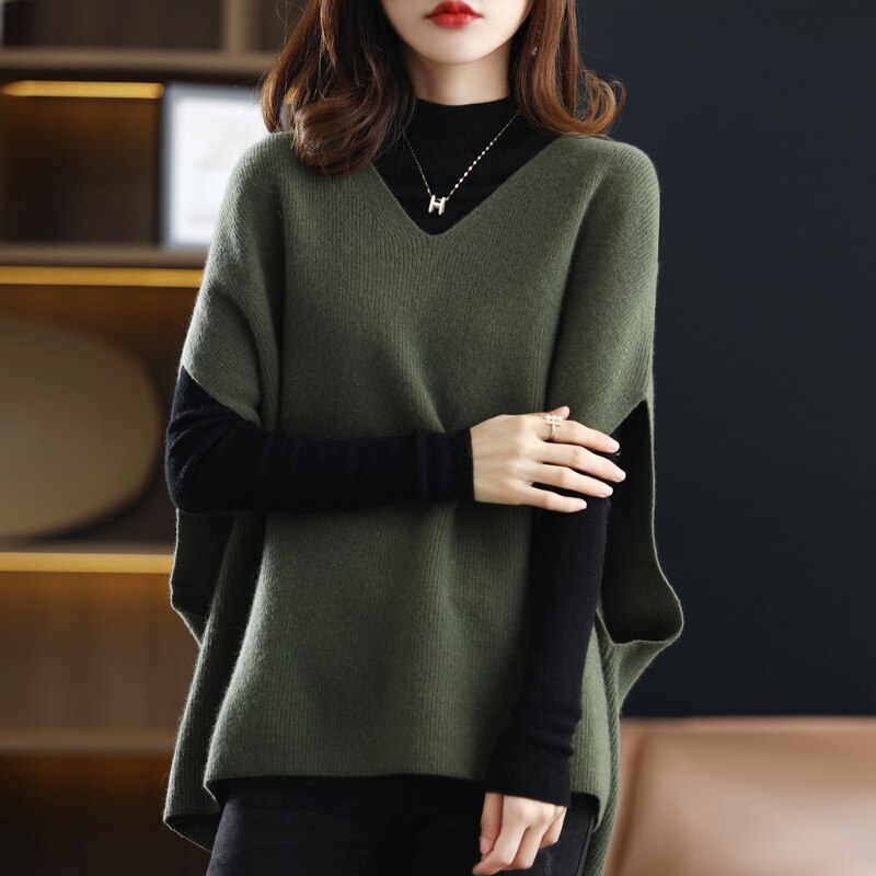 Sixsr Autumn And Winter Casual V-Neck Cashmere Chic Pullover Vest Solid Color Knitted Women's Sleeveless Sweater 100% Wool Loose Coat