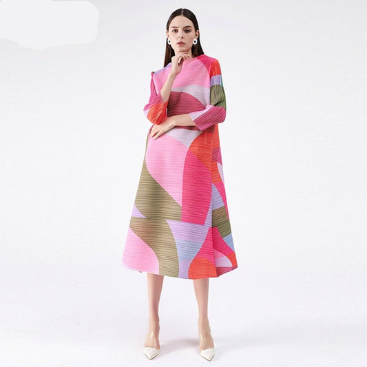 sixsr  Pleated Dress Women Hit Color Geometric With Belt Sashes Over Size Long Sweet Casual New Spring Fashion Tide