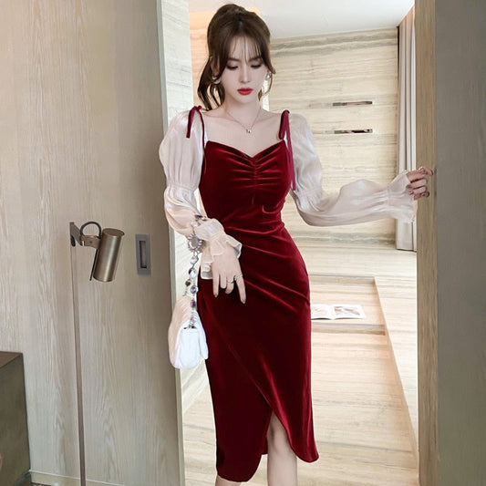 sixsr New Red Gold Velvet Dress Foreign Style Autumn and Winter  Temperament Bubble Sleeves Hepburn Wind Little Red Dress New Years Eve Outfits Women