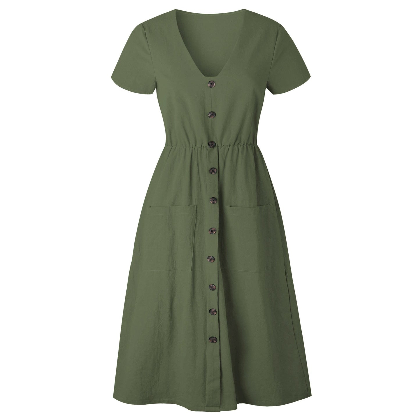 Cotton Linen Women Summer Dress Casual V-neck Button Pocket Short Sleeve A-line Midi Dresses For Women Vestidos