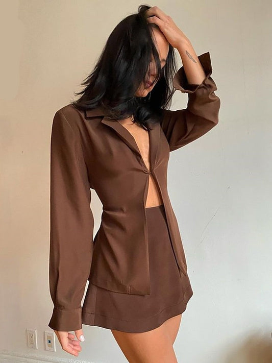 Turn-down Collar Button Women Two Piece Set Brown Long Sleeve Top High Waist Skirt Women Autumn Sexy Slim Office Outfits