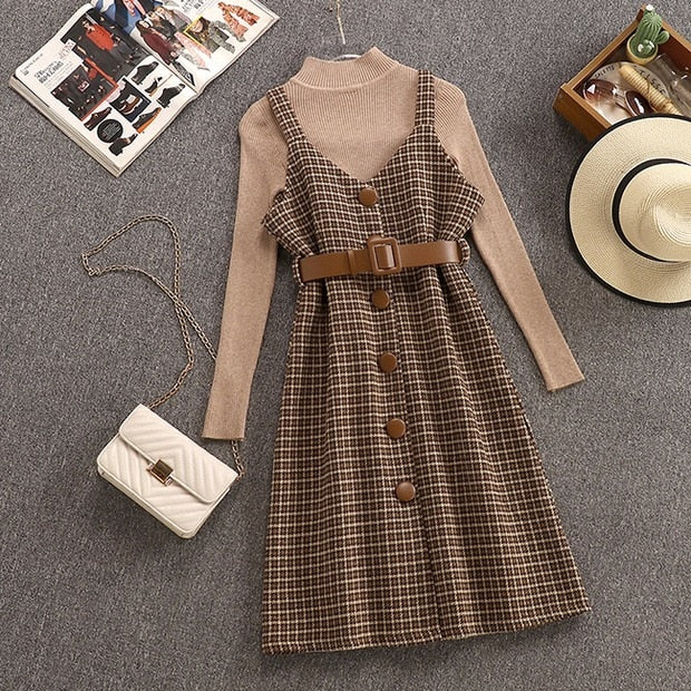 Sixsr Commuter style sweater dress sweater suit women autumn and winter new retro woolen plaid strap jumpsuit