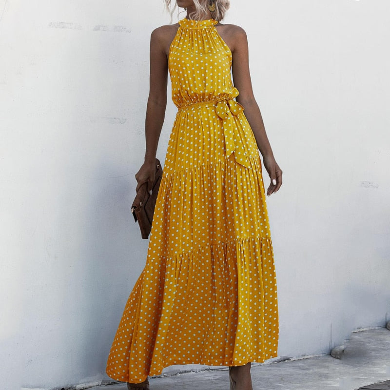 Sixsr Summer Elegant  beach Women Dress long Print Flowers Polka-dot strap Ladies Halter boho Dress Vintage party ladies Dress