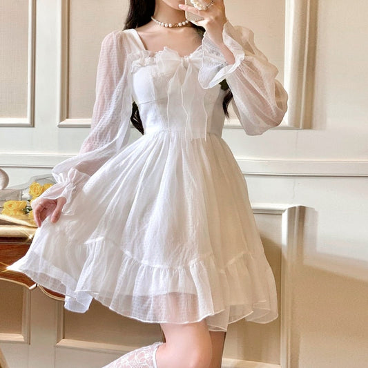 French Sweet Fairy Lolita Dress Women Long Sleeve Lace Y2k Mini Dress Vintage Kawaii Clothes One Piece Dress Korean Autumn