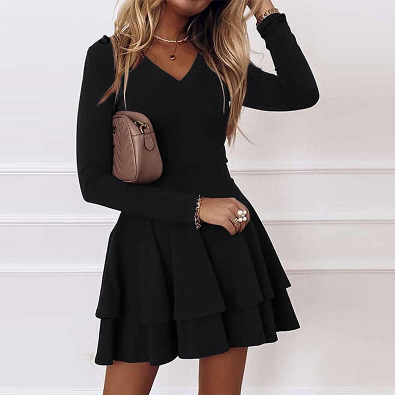 Sixsr Sexy Women V neck Pleated Party Dress Spring Solid Casual Long Sleeve Loose Dress Elegant Autumn Office Lady Mini Dress Vestidos