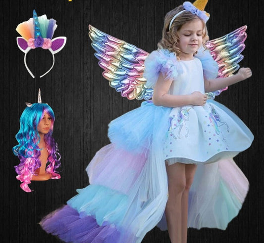 Sixsr Christmas Girls Unicorn Dress with Long Tail + Wings Wig Hairband Baby Girl Princess Birthday Party Ball Gown Kids Horse Clothes