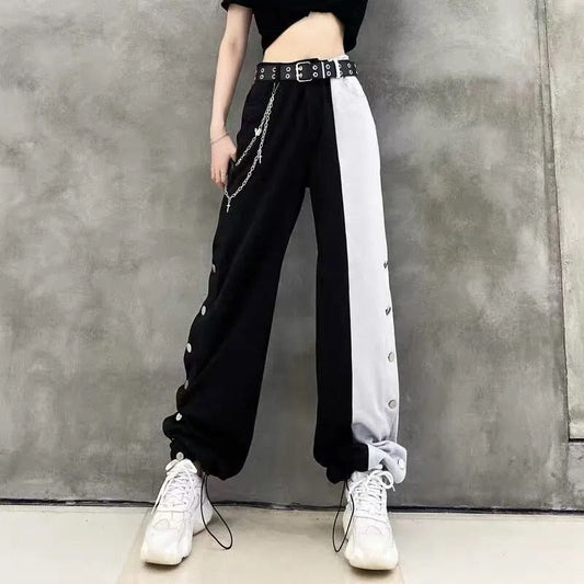 Women Fashion Contrast Cargo Pants Female New Arrival Elastic Waist Wide Leg Trousers Ladies Korean High Street Cotton Pant