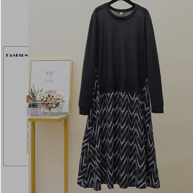 Autumn Women Plus Size XL-5XL Ladies Long Sleeve T-Shirt Dress Patchwork Print Robe Fake Two Piece Dress D08108R