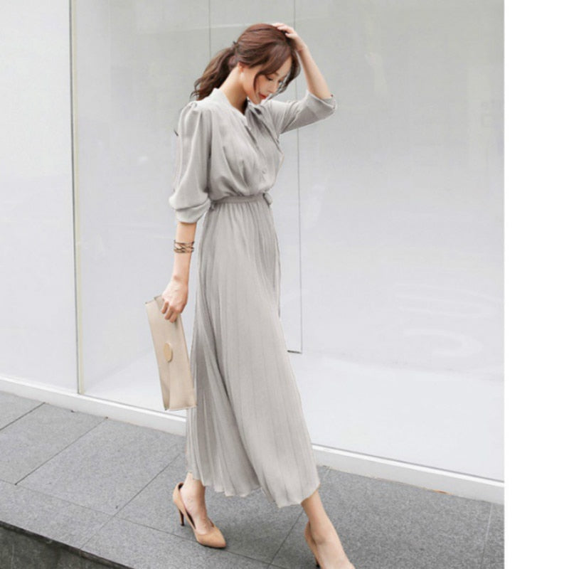 Women's Dress Spring Pleated Fashion New Plaid Slim High Wasit Long Temperament Office Female Dresses Long Sleeve Casual