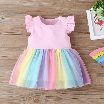 Sixsr New Summer Baby Girls Tutu Dress Children Party Little Girl Kids Clothes Flying Sleeve Princess Rainbow Patchwork Outfits Dress