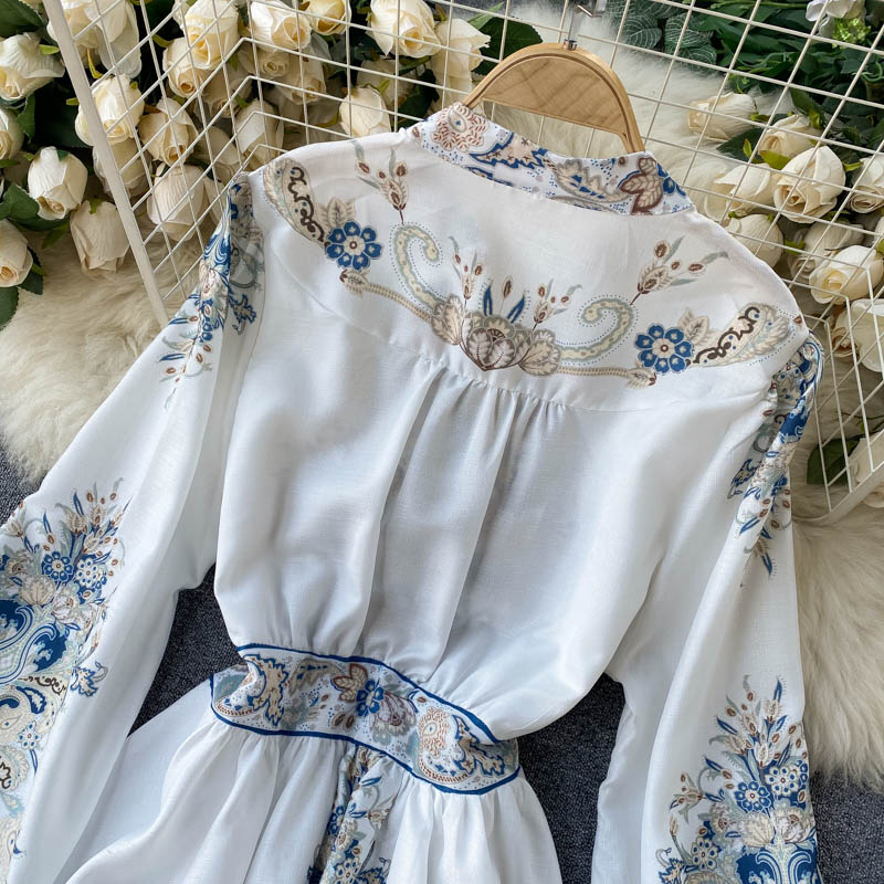 Sixsr Croysier Spring Autumn Dress Women Runway Fashion Vintage Print Dresses Buttons V Neck Long Lantern Sleeve Elegant Dress