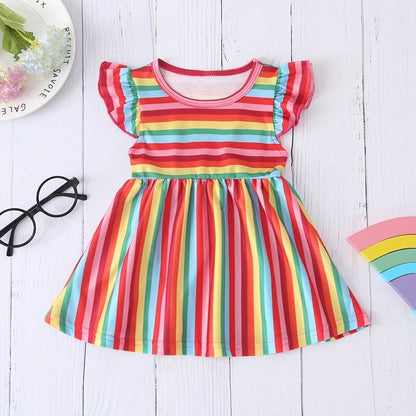 Sixsr New Summer Baby Girls Tutu Dress Children Party Little Girl Kids Clothes Flying Sleeve Princess Rainbow Patchwork Outfits Dress