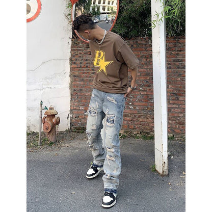 Original Ripped Jeans for Men Vintage Wash Hole Loose Micro Horn Jeans Trousers High Street Men Clothing Streetwear Denim Pants