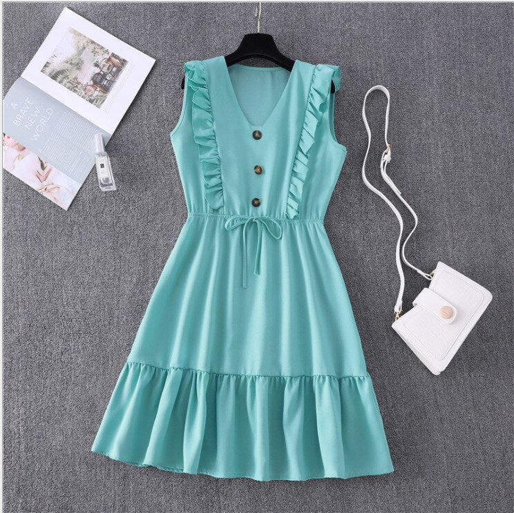 Women Summer Dress Casual Boho Beach Ruffles Mini Dress Party Sexy V-Neck High Waist Female Dresses