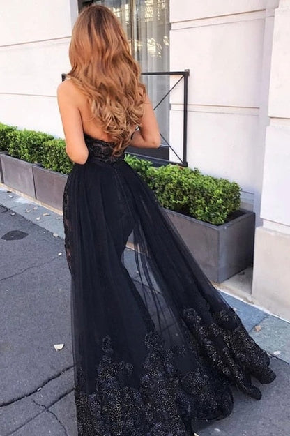 sixsr Spring Autumn Dresses for Women Sweetheart Black Evening Dress Strapless Neck Applique Luxury Mermaid Split Sweep Satin Sequin Prom Dress robes de cocktail