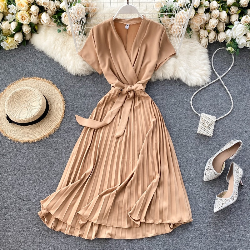 SINGRAIN High Quality Solid Pleated Dress Women V neck Short Sleeves Sashes Long Dresses Summer Streetwear Vintage Vestidos